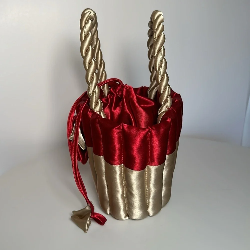 80s SATIN FLOWER BASKET cupcake purse twisted handle tie top bridal flower girl